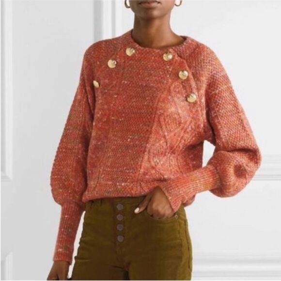 $550 Veronica Beard Adelaida Gold Button Orange Rust Balloon Sleeve sweater - Picture 3 of 12